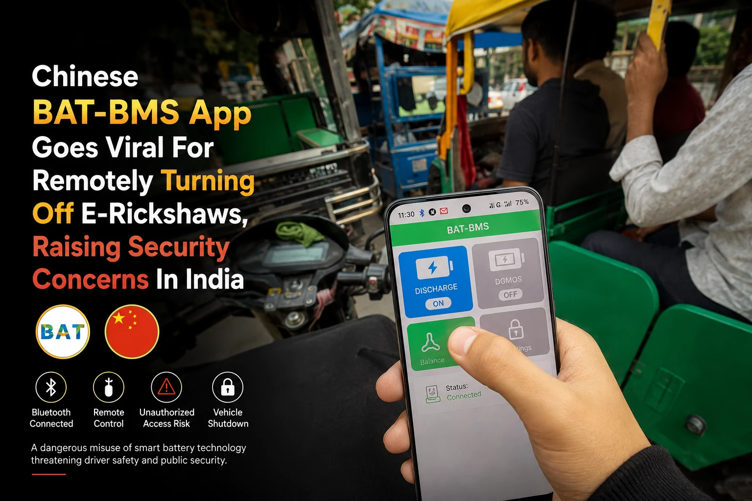 The Chinese BAT-BMS app showing the DISCHARGE toggle used to remotely turn off an e-rickshaw over Bluetooth — the vulnerability raising security concerns in India