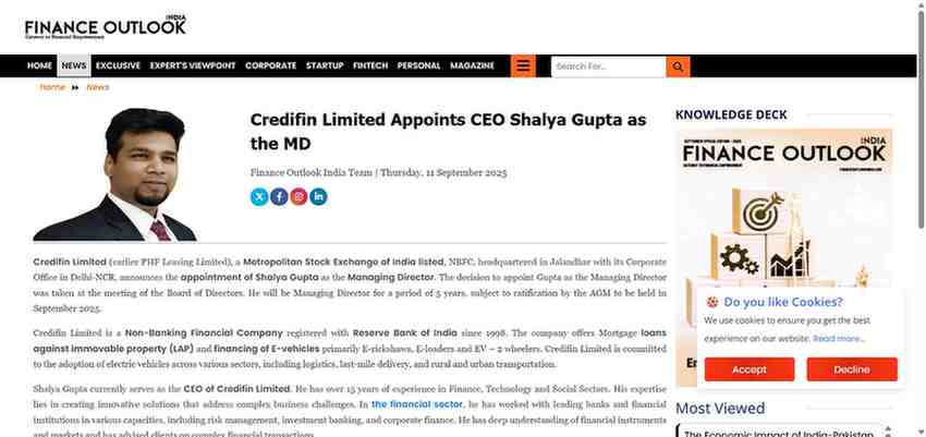 Finance Outlook India — Credifin appoints CEO Shalya Gupta as MD