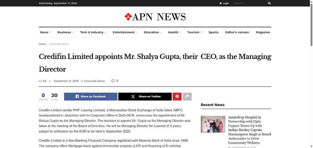 APN News - Credifin appoints Shalya Gupta as Managing Director
