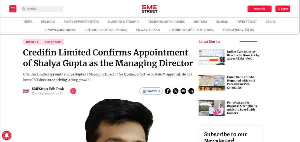 Press coverage by Credifin Limited Confirms Appointment of Shalya Gupta as the Managing Director
